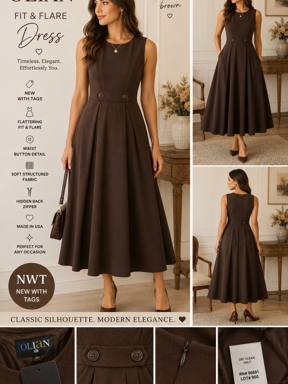 🤎 NWT OliAN Chocolate Brown Fit & Flare Dress XS | Old Money Quiet Luxury Midi